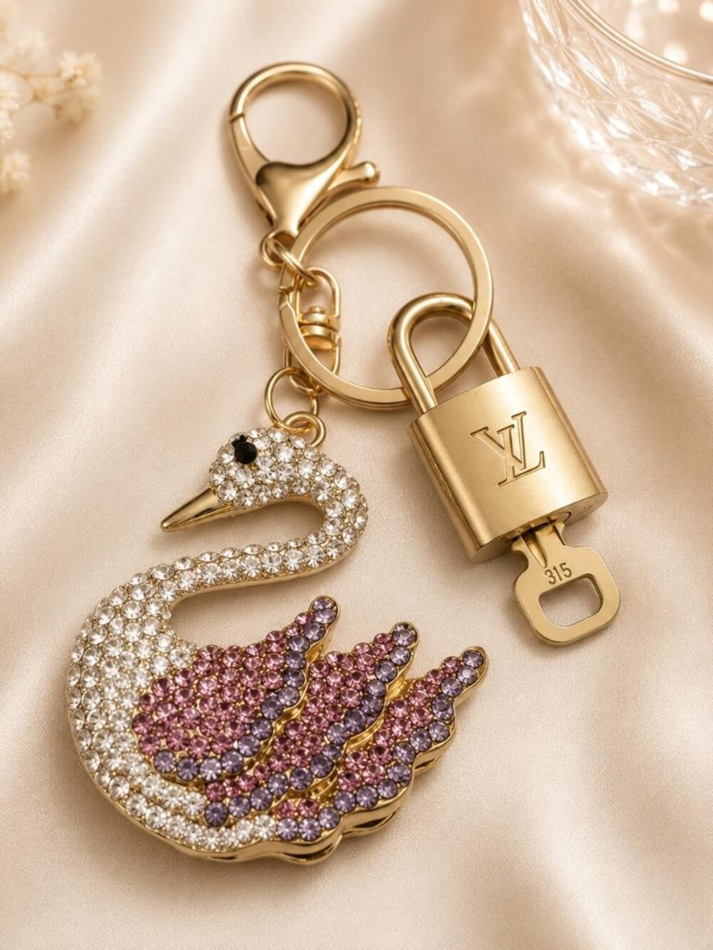 Authentic Louis Vuitton Padlock & Key Gold ✨Unbranded Swan Bag Charm Keychain